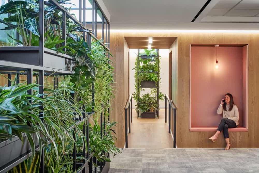 Interior with a two-story planted wall and an oak-lined corridor